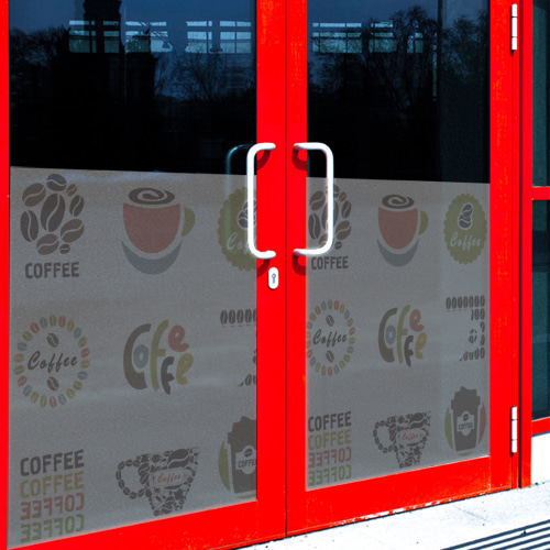 커피 음료 카페 체인점 개인카페 스티커  무점착시트지 안개컬러 주문제작 가능 _ cc008_m-무점착유리시트_카페로고패턴