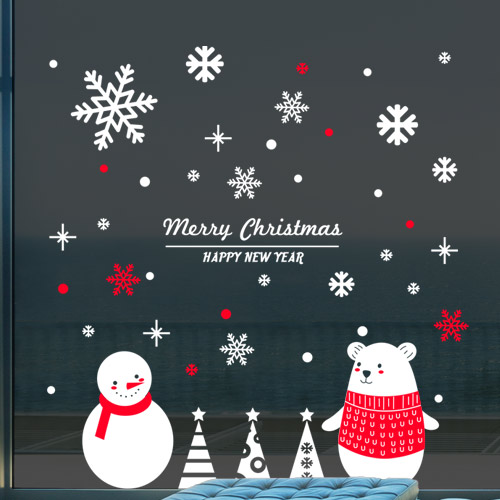 크리스마스시트지 유리 창문 데코 스티커 눈꽃 눈결정 눈송이 스티커 cc488-곰돌이와눈사람