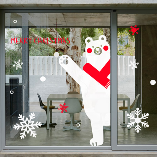 크리스마스스티커 크리스마스데코 크리스마스 성탄절 겨울 곰 매장 상업용스티커 상업용인테리어 가게꾸미기 상업용크리스마스 눈꽃 눈꽃스티커 ggce659-메리크리인사하는곰