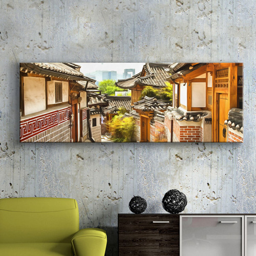 캔버스액자 액자 인테리어액자 벽걸이 한국 전통 한옥 기와 노을 풍경 하늘 ggcv301-한국전통한옥마을 대형노프레임