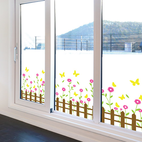 불투명유리시트 불투명유리시트지 뮤럴시트지 창문시트 윈도우 가림막 자연 나뭇잎 꽃 나비 ic400-꽃과나비가있는울타리