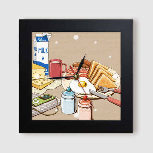 벽시계 음식 식당 요리 레스토랑 샌드위치 토스트 팬케잌 과일 빵 우유 계란 딸기쨈 꿀 식사 ggit362-푸드일러스트 브런치 미니액자벽시계