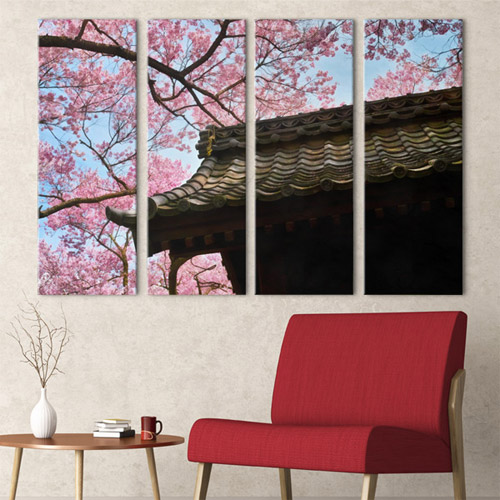 인테리어 액자 데코소품 자연 풍경 지붕 봄 나무 ggiy870-벚꽃드리워진기와집 대형노프레임세트
