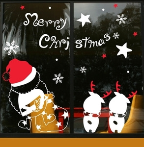 산타시트지 크리스마스 창문 데코 유리 스티커 성탄절 눈사람 시트지 눈송이 겨울장식시트지 환경구성 gij344-마을에내려온산타와루돌프 대형  
