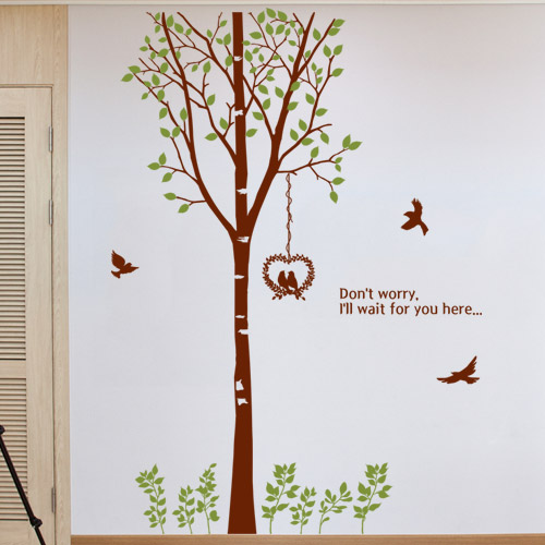 나무 포인트 그래픽 스티커 꾸미기 데코 나무 자연 나뭇잎 나뭇가자 레터링 새 새장 pc155-봄날의자작나무