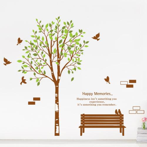 그래픽스티커 나무 자연 새 레터링 벤치 의자 잎 벽돌 나뭇가지 잎사귀 데코 소품 인테리어 ps245-새들의행복기억