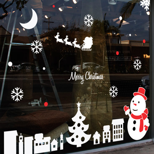 카페 크리스마스 눈꽃 눈사람 스티커 유리창 크리스마스 장식 시트지 ggtj055-마을에 찾아온 겨울