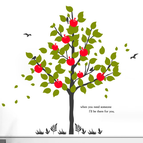 그래픽스티커,cr584-나의사과나무_그래픽스티커,사과,나무,자연,식물,잔디,새,봄,꾸미기,인테리어,셀프,스티커,그래픽,리폼,포인트,일러스트,데코,시트지