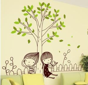 아이방 포인트스티커 어린이집 유치원 벽면 스티커 ij043-나무 그늘 아래 소년과 소녀