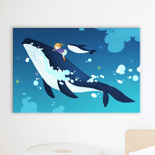 캔버스액자고래 인테리어액자 동물 돌고래 고래 액자 iw618-고래와소녀의여행 중형노프레임