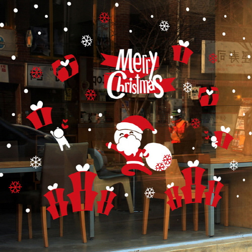 크리스마스 창문 스티커 트리 시트지 눈사람 유리창 유리스티커 카페스티커 -330 산타와 선물꾸러미
