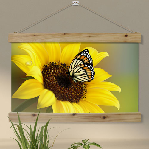 해바라기 식물 꽃 플라워 썬플라워 나비 곤충 포스터 패브릭포스터 패브릭족자 풍요 풍수 행복 인테리어 홈인테리 pk564-우드스크롤_60CmX40Cm-나비와해바라기